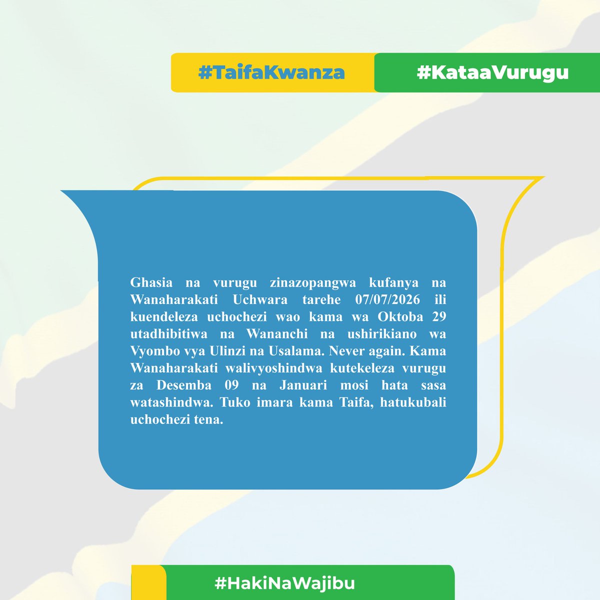 amina_hafidh's tweet photo. #TaifaKwanza #KataaVurugu

Ghasia na vurugu zinazopangwa kufanya na Wanaharakati Uchwara tarehe 07/07/2026 ili kuendeleza uchochezi wao kama wa Oktoba 29 utadhibitiwa na Wananchi na ushirikiano wa Vyombo vya Ulinzi na Usalama. Never again. Kama ... https://t.co/PxHrybeAAS