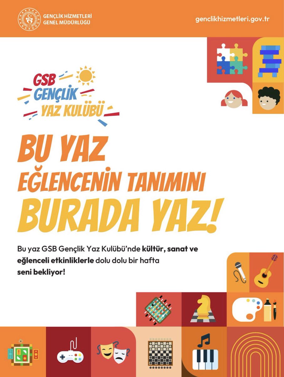 SanliurfaGm's tweet photo. 📣 Bu yaz hikâyeni GSB Gençlik Yaz Kulübü’nde yazmaya hazır mısın? 

Yeni yetenekler, spor aktiviteleri, kültür sanat etkinlikleri, teknoloji ve inovasyonla dolu dolu bir yaz seni bekliyor! 🎨🏅💻  

Detaylı bilgi ve başvuru için; https://t.co/VSmeDlGvB3

#GSBHepYanında https://t.co/DNGHe8kN6w