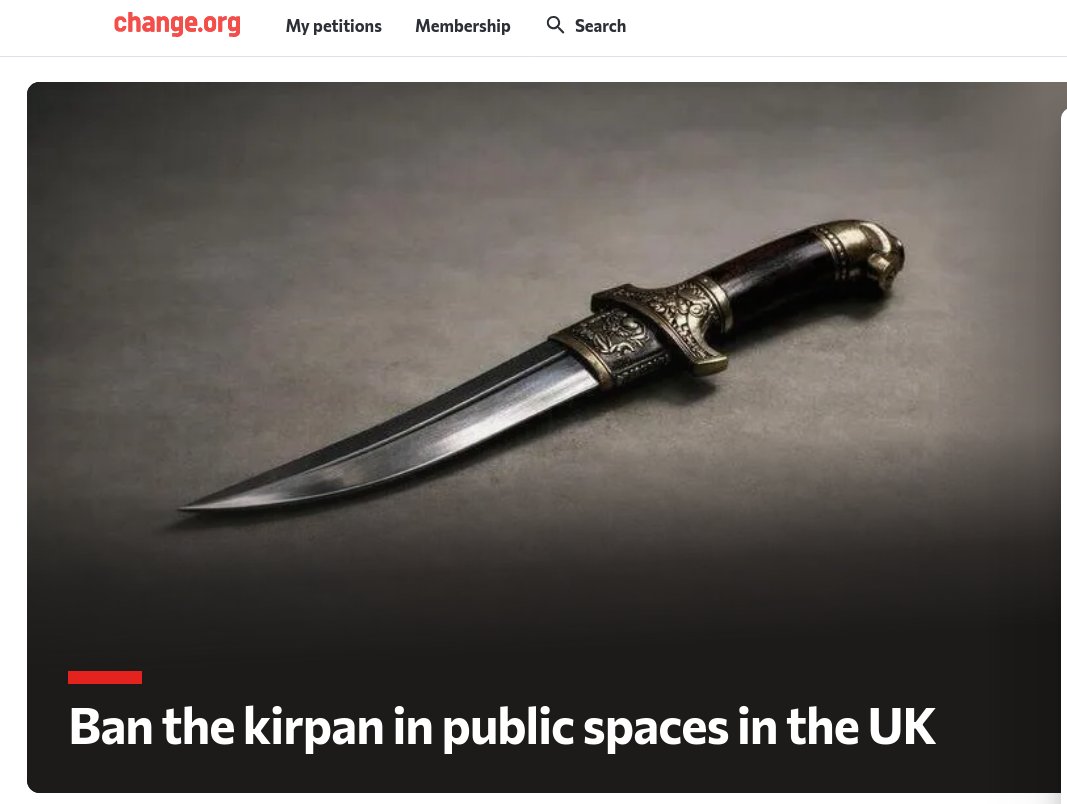 Hamp_Allen's tweet photo. 🚨 Sign this petition NOW to ban Kirpans in public spaces.

No one should get a special exemption to carry a blade. “Ceremonial” or not, a sharp, pointed weapon is still a weapon.

This endangers kids in schools, Passengers, and everyone on our streets.
https://t.co/0ZeoKqzHQ9 https://t.co/0HL0qFnMG2