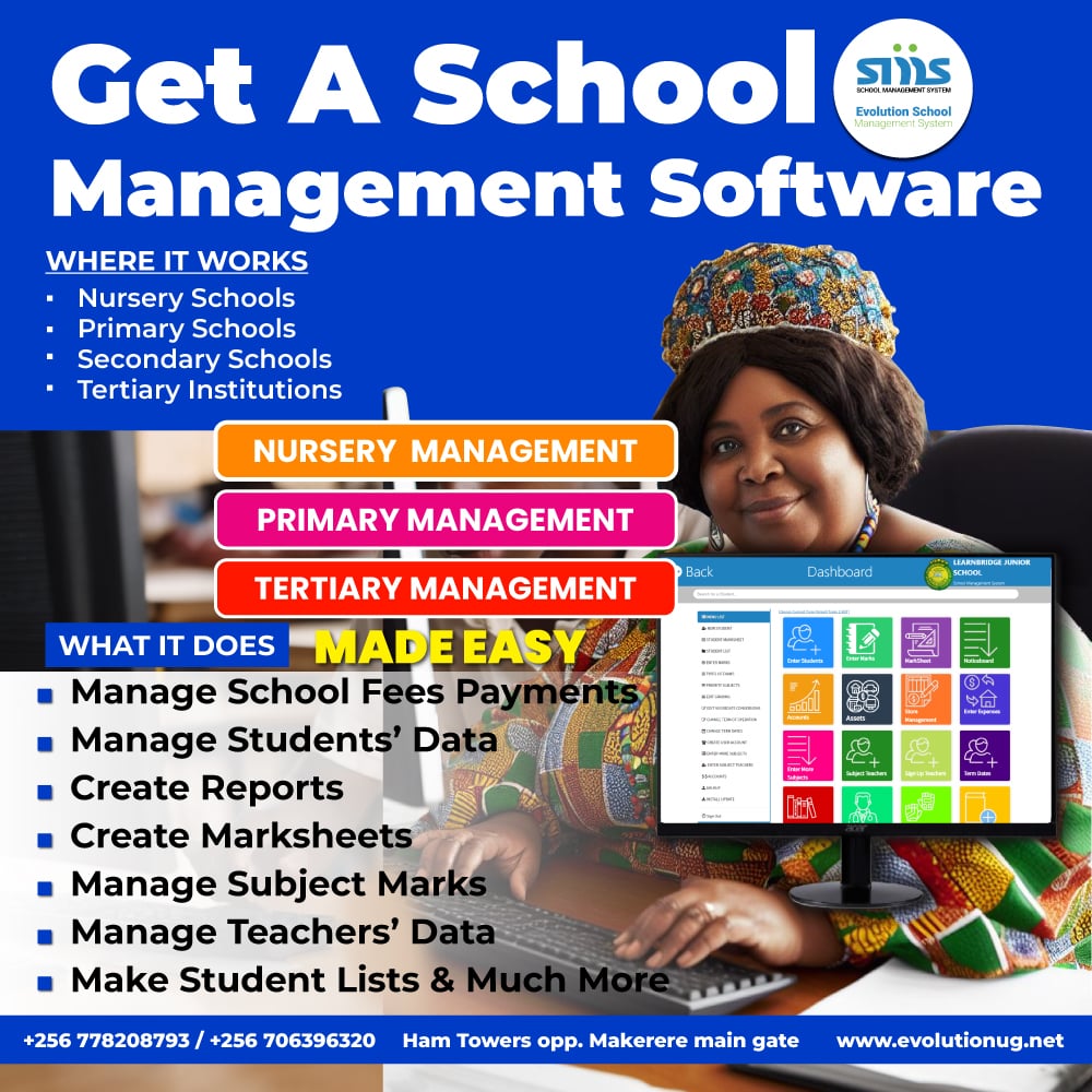 evolutionug's tweet photo. @NinyeTabz SOFTWARE FOR SCHOOLS MANAGEMENT

Get this School Management System for your Nursery/Primary School:

✅ Track fees &amp; expenses
✅ Manage students &amp; staff
✅ Enter marks &amp; generate reports
✅ Handle departments, bursaries &amp; more

Call 0778208793
💬 WhatsApp: https://t.co/TQB3TJCjFl https://t.co/HoE8dMBMCs