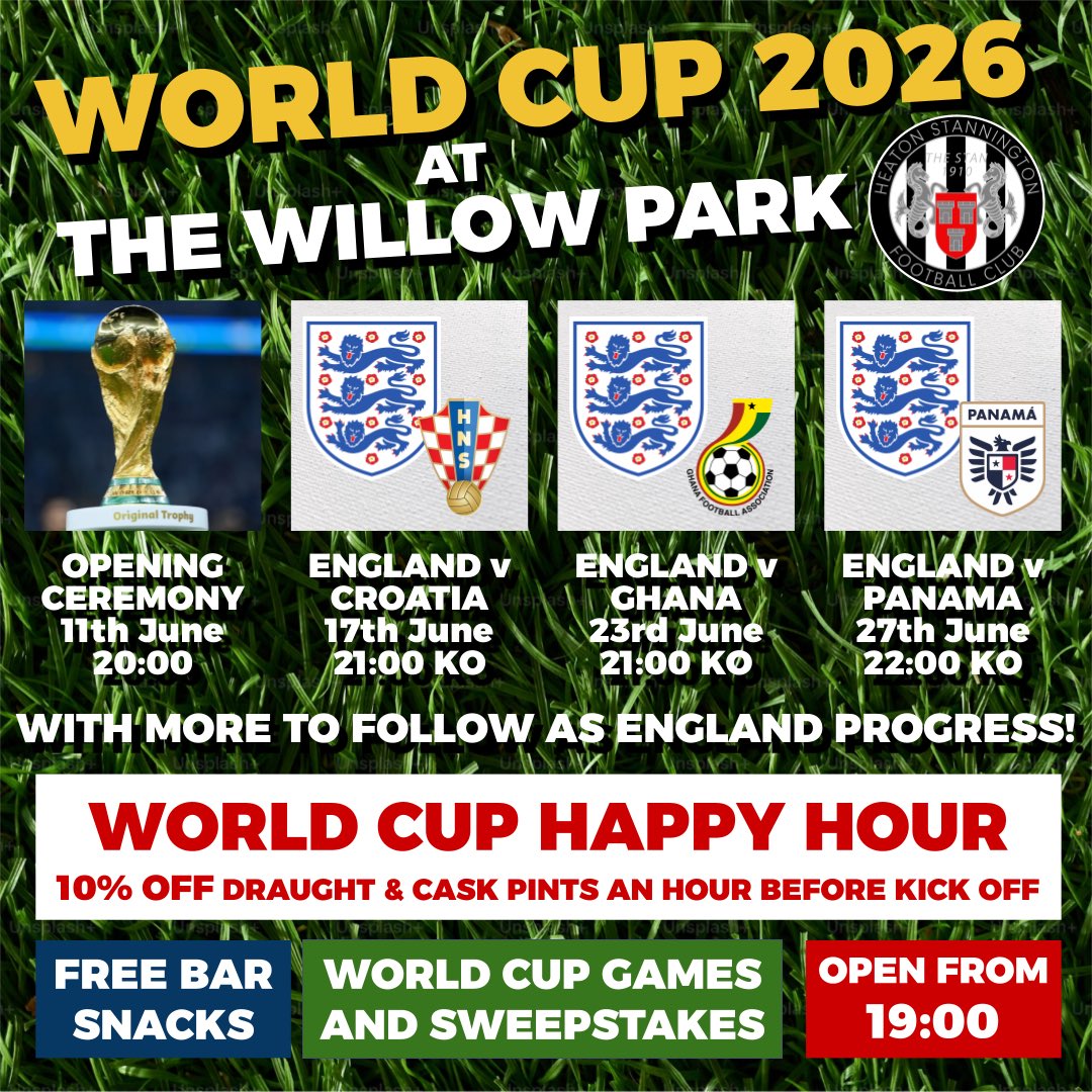Heatonstan's tweet photo. 🌍🏆 The World Cup is almost here…

Come and watch Thursday’s opening ceremony and England’s group games with us at The Willow Park clubhouse!

Discounts on drinks, free bar snacks and games and sweepstakes to get involved in! https://t.co/rGlouvQ5bF