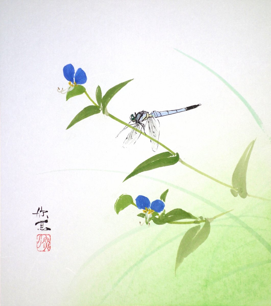 Kingyo_art's tweet photo. 『露草』
梅雨に入ったのでツユクサです(?)。シオカラトンボを止まらせました。　

#drawing #art #illustration #commelinacommunis #dragonfly #japan #ツユクサ #トンボ #シオカラトンボ #梅雨 #アナログ絵 #日本画 #色紙 #絵画 https://t.co/A5sV7mBskc