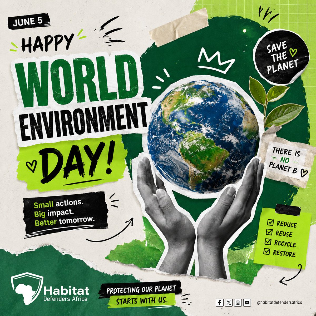 HabitatDefend's tweet photo. 🌍 Happy World Environment Day 2026!

Small actions. Big impact. Better tomorrow.

Together, let's protect our planet through climate action, conservation, and sustainable living.

🌱 There is no Planet B.

#WorldEnvironmentDay2026 #ClimateJustice #HabitatDefendersAfrica #Earth https://t.co/UN61bzWAyN