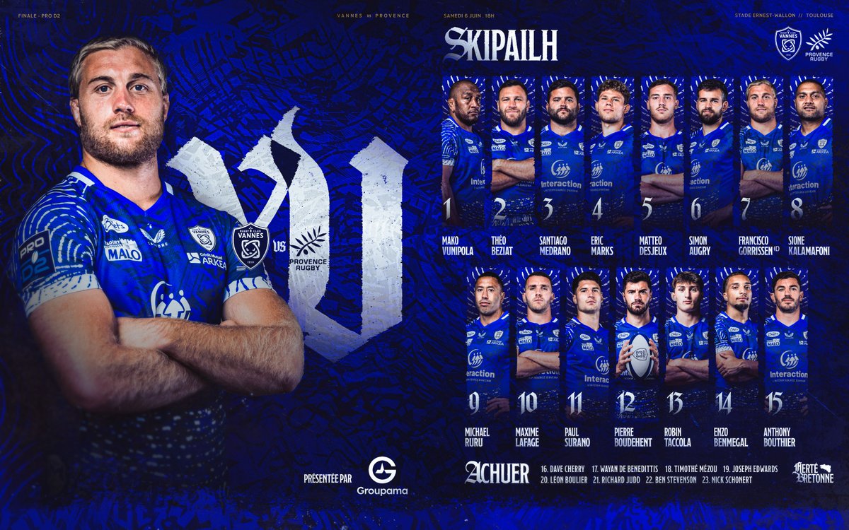 RugbyClubVannes's tweet photo. 𝐒𝐤𝐢𝐩𝐚𝐢𝐥𝐡 ⚔️

Notre partenaire @GroupamaLB vous présente les 23 bretons qui affronteront Provence Rugby ce samedi à 18h en finale de @rugbyprod2 !

🔹 Coup d’envoi ce samedi 6 juin à 18h.
🔹 Diffusion en direct sur Canal +.

#FiertéBretonne https://t.co/C9hOStVsTz