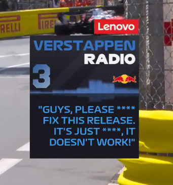 verstappenews's tweet photo. 📻 Max: "Guys, please f*cking fix this release. It's just bullsh*t, it doesn't work!" https://t.co/ErZSWY3UlB