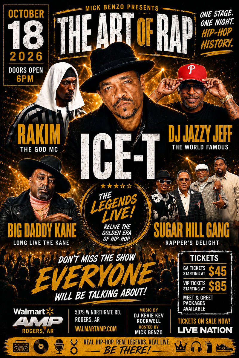 MickBenzo's tweet photo. On October 19th, there will be two groups of people in Arkansas:  The people talking about the legendary night they experienced on October 18th...  And the people wishing they had been there.  One stage. One night. Hip-Hop history.  Be part of the experience. https://t.co/OYdUOaX2tm