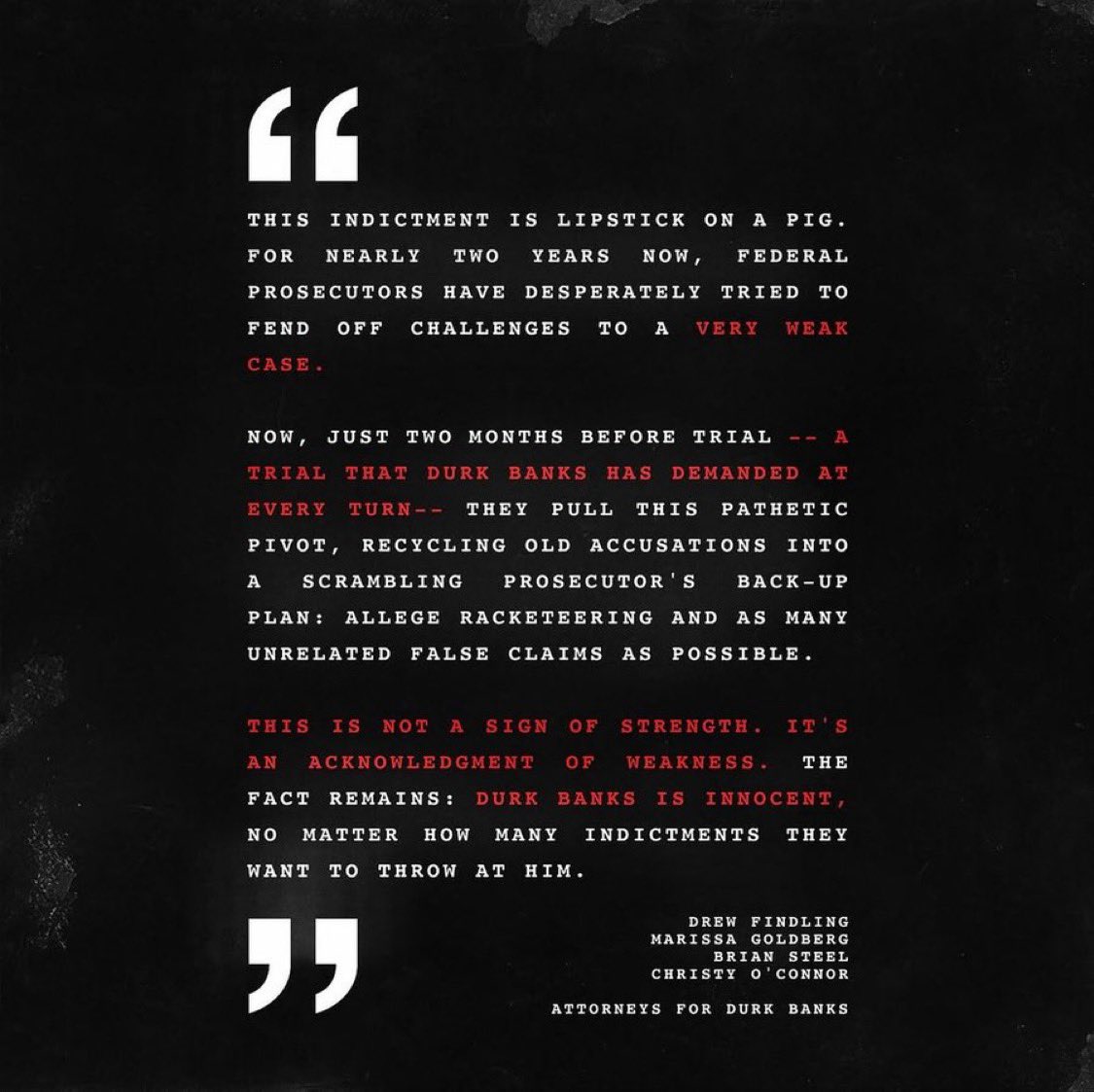 DailyRapFacts's tweet photo. Lil Durk’s attorneys have released a statement regarding Durk’s case after federal prosecutors added 2 new charges ahead of his August trial. 🔓👀

Durk’s legal team says, “The fact remains: Durk Banks is innocent, no matter how many indictments they want to throw at him.” https://t.co/icmWOrHwkI