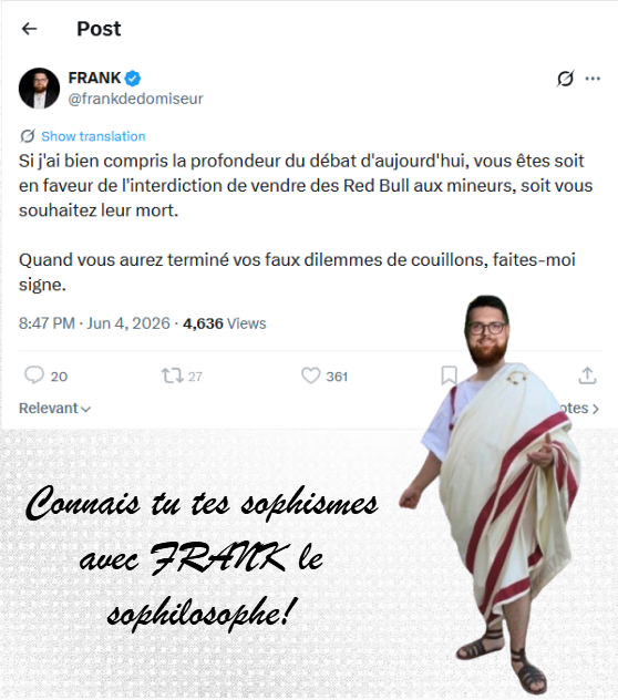 soplam12's tweet photo. Ici nous avons FRANK qui nous pond un sophisme du faux dilemme en accusant ILS de faire un sophisme de faux dilemme 🤩
Ne tentez pas cette contorsion intellectuelle chez vous, c'est réservé aux professionnels comme @frankdedomiseur https://t.co/R8BiHVLugJ