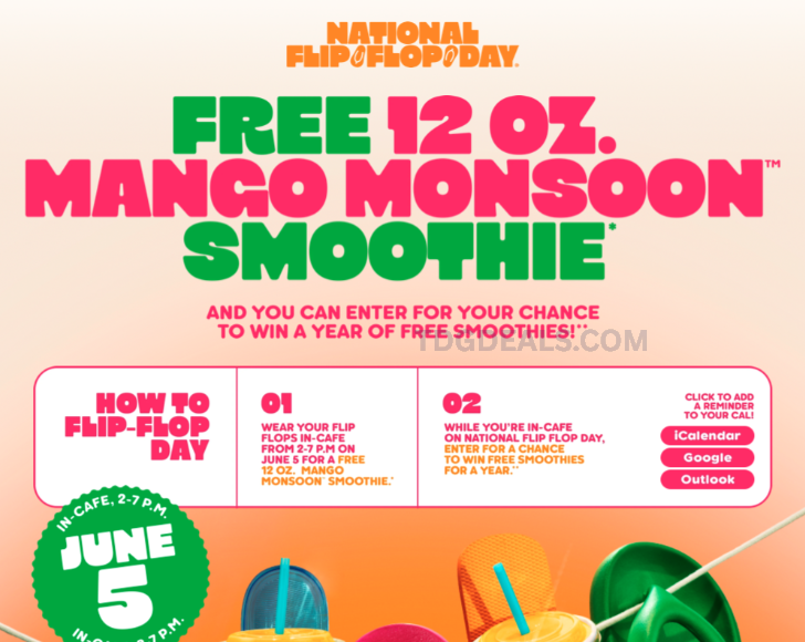 thedealsguy_'s tweet photo. FREE Smoothie for wearing flip flops @ Tropical Smoothie

Today, June 5, from 2 to 7 PM, wear flip flops to Tropical Smoothie Cafe and get a FREE 12 oz Mango Monsoon Smoothie🩴 

https://t.co/mDAByE30NB

#ad https://t.co/A3BqifFbC7