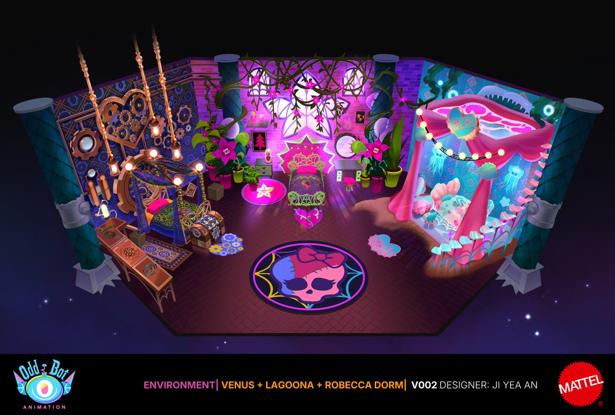 Jyeah_an's tweet photo. The dorm room design for three beautiful ghouls (Venus, Lagoona, and Robecca) that I worked on! It was a big challenge (😂) but I'm so happy with how it turned out! 😳✨
#MonsterHigh #MonsterHighG3 #Conceptart #VisualDevelopment #visdev #Propdesign https://t.co/R8SHAYT1hg
