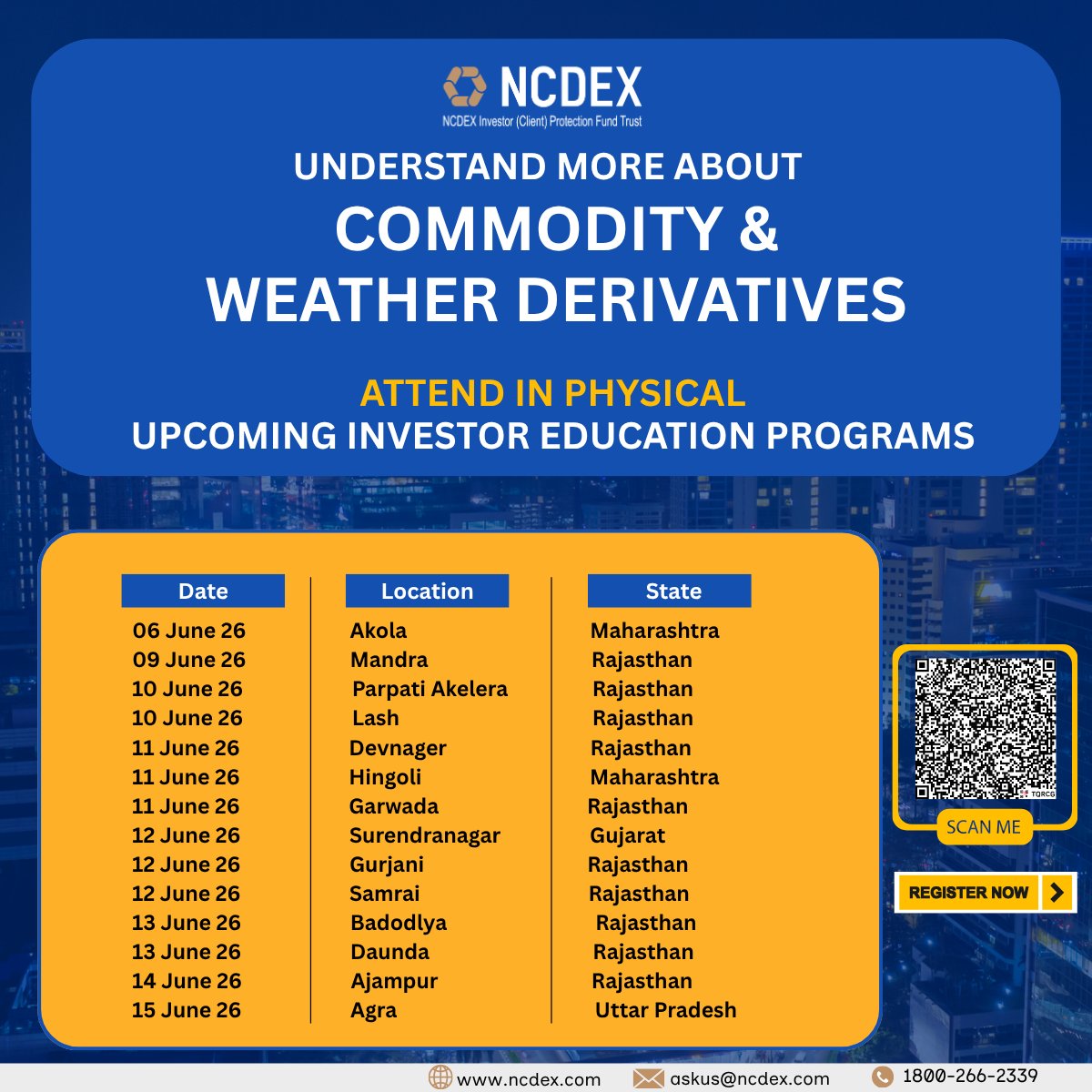 ncdexofficial's tweet photo. Learn more about commodity and weather derivatives through NCDEX IPFT’s upcoming Nationwide Investor Education Programs.

Attend the session closest to you in person, strengthen your market understanding, and explore how structured knowledge can support smarter participation in commodity markets.

Register now for free.

https://t.co/ZYF1IFL7Ld

#NCDEX #NCDEXIPFT #InvestorEducation #CommodityMarkets #WeatherDerivatives

@NCDEXeMarkets @nerl_repository @NICR_INDIA
