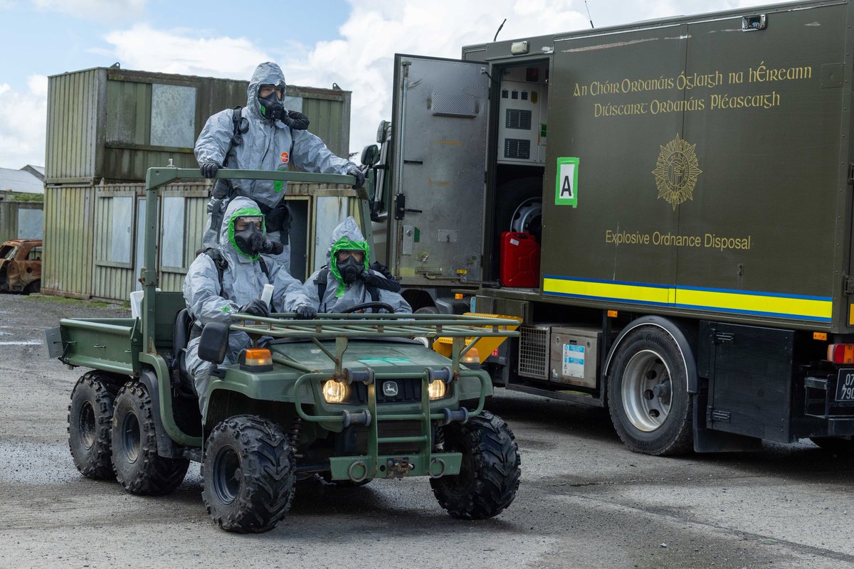defenceforces's tweet photo. As preparations continue for Ireland’s Presidency of the Council of the European Union in 2026, the Defence Forces Ordnance Corps recently conducted Exercise Beag, a complex multi-agency Chemical, Biological, Radiological, Nuclear and Explosive Ordnance Disposal (CBRN EOD) exercise.

As the providers of the State’s strategic CBRN EOD capability, Ordnance Corps personnel trained alongside An Garda Síochána and Dublin Airport Police in a challenging operational scenario involving a fictional terrorist cell, an intelligence-led raid on a clandestine laboratory, and response to a complex chemical attack.

The exercise tested specialist CBRN and EOD procedures, command and control arrangements, and inter-agency coordination in a realistic operational environment. It also validated critical national capabilities and strengthened interoperability between the Defence Forces and State security agencies.

As Ireland prepares to host a significant programme of high-level international engagements during its EU Presidency, exercises such as Exercise Beag play an important role in ensuring specialist personnel remain prepared to respond to complex security and public safety incidents.

Enhancing readiness through partnership, professionalism, and preparedness 🤝