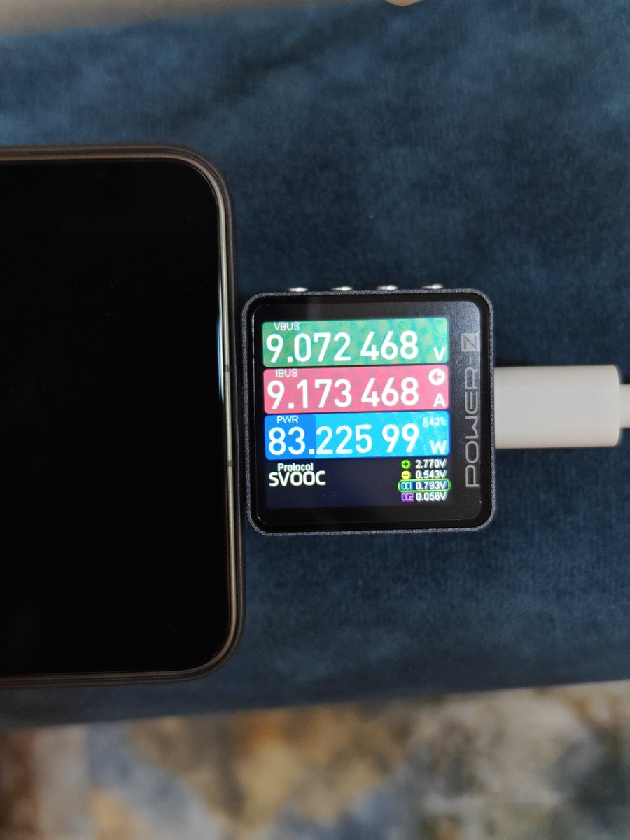Abhinov_v's tweet photo. Oppo Find X9 Ultra charging pattern with stock charger 🔋⚡

🔸 Reaches a peak wattage of 83w for 2 minutes. 

🔸 Stabilizes around 50w for the next 10-15 minutes. 

🔸 Continues at 35w till it reaches 95%

Power-Z is a really cool tool for PD testing. Must have for nerds like me 😁
