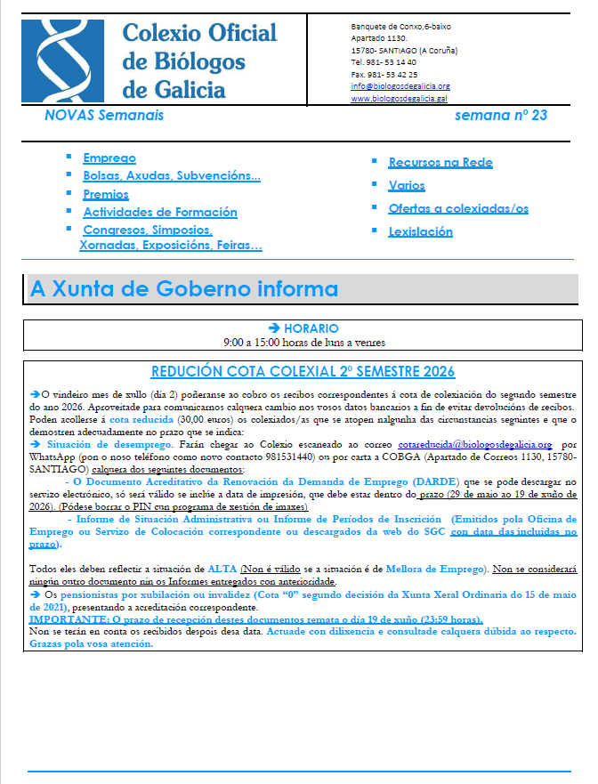 COBGalicia's tweet photo. Info colexiados/as: Novas Semanal. Importante!
#EMPREGO
-#Docentes para  #módulostransversais
-#Delegado/a #visitamédica
-#ComercioExterior #Agroalimentario
-#Biólogo/a #mediorural y #naturaleza
-Escala de #axentes de #extensiónpesqueira
...
Boa fin de seman #biologos #biologas https://t.co/gjWGEh6Cm2