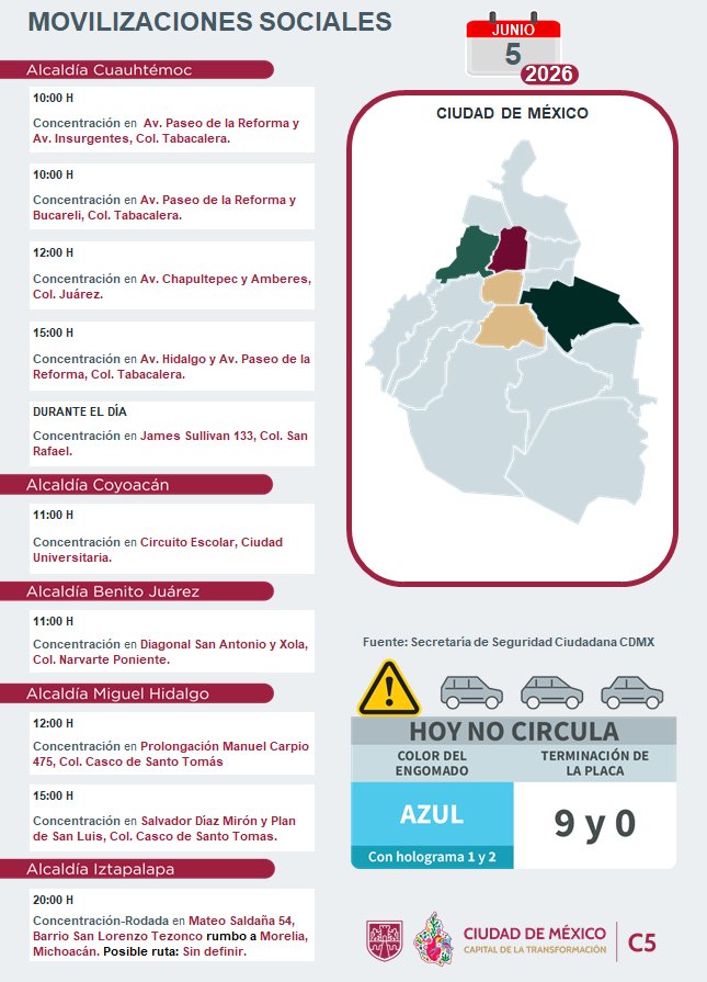 ActivaReporte's tweet photo. Para hoy, 4 de junio 2026, estas son las movilizaciones sociales previstas en la Ciudad de México. https://t.co/QuwjeyAMqC