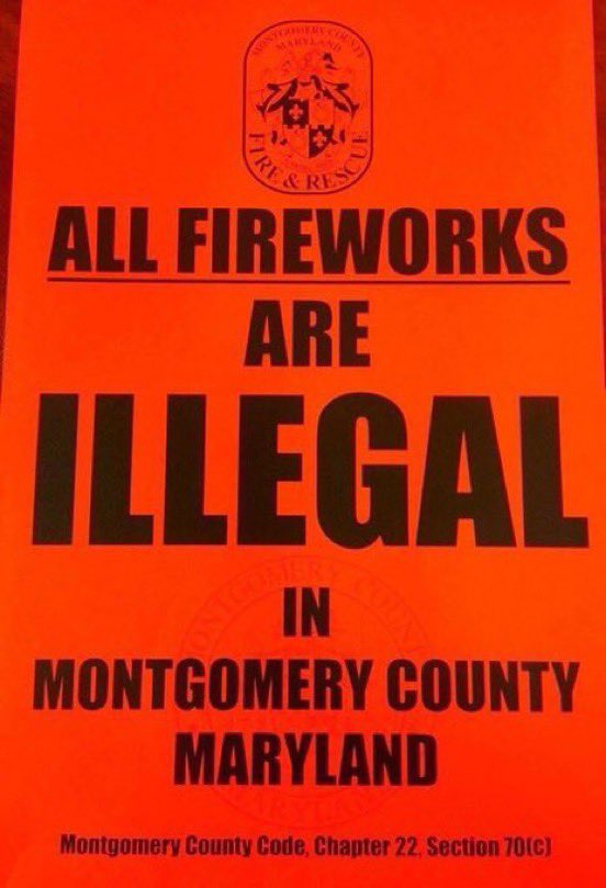 mcfrsPIO's tweet photo. In @MontgomeryCoMD , ALL FIREWORKS (basically anything that will burn, fly, or explode) are ILLEGAL to possess or discharge incl SPARKLERS. Snap-and-pop, noise makers, snakes &amp; party poppers are OK &amp; the ONLY exception to this law. Recommend you attend a public fireworks display https://t.co/TMdy55YjS6