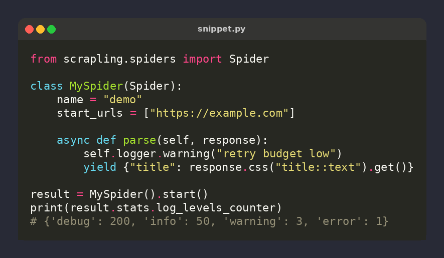 Scrapling_dev's tweet photo. 🕷️ Scrapling tip: stats.log_levels_counter — every self.logger.* call in your spider is bucketed by level into the final CrawlStats

result = MySpider().start()
print(result.stats.log_levels_counter)
# {'debug': 200, 'warning': 3, 'error': 1}

Free CI health signal 🎯 https://t.co/xrzWuXnItM