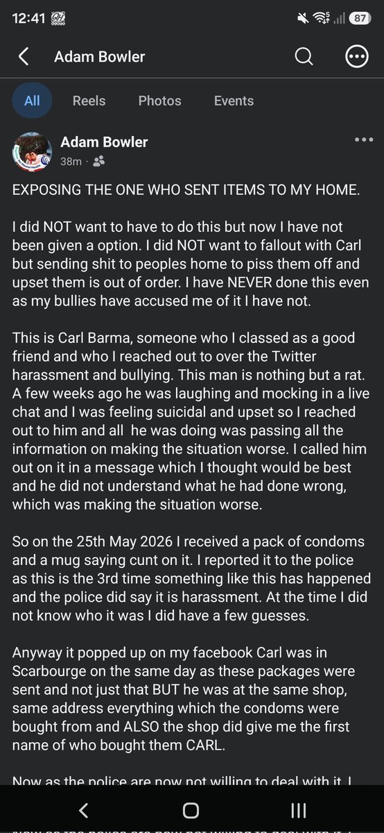 WresWithAbusers's tweet photo. Carl Barma messed up here, sending things to Adam Bowler's home. It's no secret that this page does NOT like him, but sending things to his personal address is wrong. We got blamed for it in the past, we had nothing to do with it. Now it comes out his biggest supporter did it... https://t.co/SF4iOSjx6K