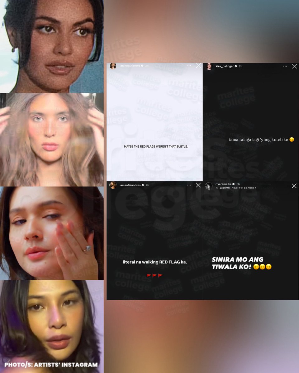 holaphofficial's tweet photo. ANYARE GURLS?

Janine Gutierrez, Kira Balinger, Sofia Andres at Maika Rivera, nag-share ng cryptic post sa kanilang IG story tungkol sa red flag, kutob, at tiwalang nasira. 

Sino-sino kaya ang tinutukoy nila? https://t.co/UcEuSPJvqu