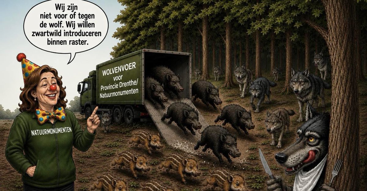 AvanStraaten's tweet photo. Natuurmonumenten schrijft in een notitie voor een gesprek over de wolf in Provincie Drenthe met minister Van der Wal (5 december 2022): 

“Wij zijn niet voor of tegen de wolf.”

Yeah Right.🤡🤡🤡🤡

Opvallend is ook dat er wordt gesproken over “herintroductie van zwartwild binnen raster”.
Dus zwartwild herintroduceren als wolvenvoer.🤮

Tegelijkertijd voeren natuurorganisaties campagnes als “Bescherm de jonkies”, waarin o.a. jonge reeën, hazen en jonge biggetjes beschermd moeten worden tegen menselijke verstoring. Maar zodra dezelfde dieren onderdeel worden van het wolvendebat, gelden ineens andere argumenten.

Ook worden jagers afgeschilderd als de extremen in het wolvendebat. 

Natuurmonumenten🤡🤮