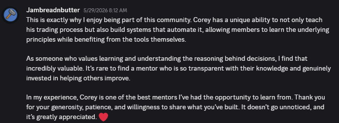 TAtheDog's tweet photo. Reading messages like this never gets old.

When I started Theory Affinity, the goal wasn't just to build indicators.

It was to help traders think differently about the market, understand the reasoning behind decisions, and become more confident in their own process.

Getting feedback like this reminds me why I keep showing up every day.

To everyone who's supported Theory Affinity, trusted me with part of your trading journey, or spent time learning from the content

Thank you. 🙏