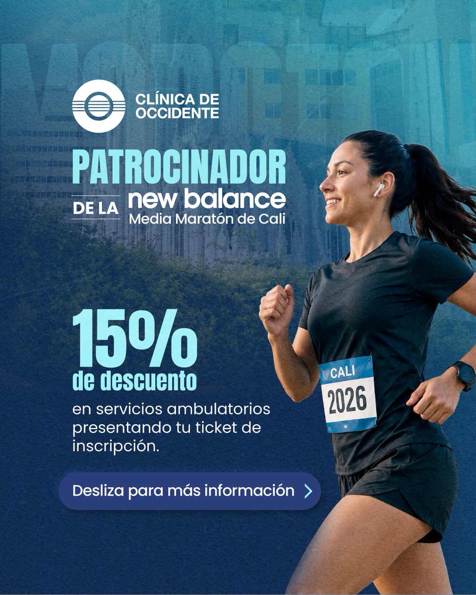 CdeOccidente's tweet photo. Queremos acompañarte antes, durante y después de la carrera. Por eso, si estás inscrito en la Media Maratón de Cali, podrás acceder a un 15% de descuento en servicios ambulatorios presentando tu ticket de inscripción.

Agenda por WhatsApp 300 914 2648

Válido hasta el 30 de junio https://t.co/mlGa3OKXfL