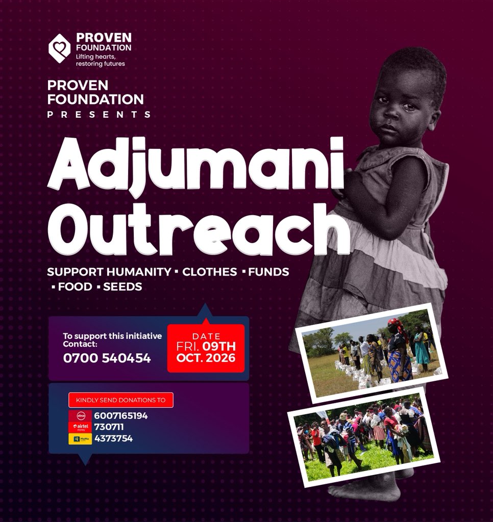 Nabimara_Paul's tweet photo. β€οΈ Adjumani Outreach 2026
Join Proven Foundation in bringing hope through food, clothing, seeds, and essential support to vulnerable families in Adjumani.
π
9 Oct 2026
π 0700540454
Donate:
Absa: 6007165194
Airtel: 730711
MTN MoMo: 4373754
#ProvenFoundation #GiveHope https://t.co/01C9PpmsGz