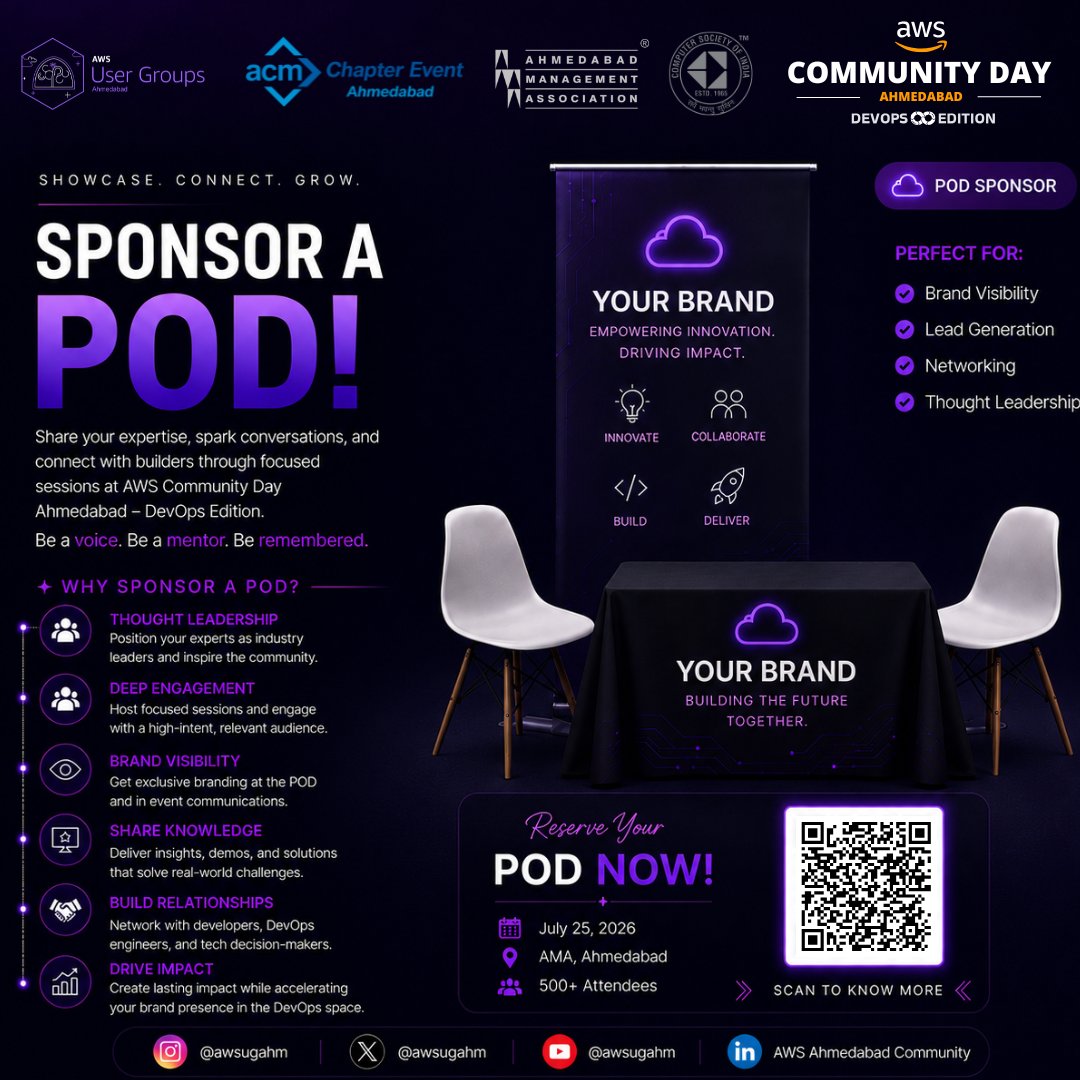 Cycad_Palm's tweet photo. 🎙️ Become a POD Sponsor at AWS Community Day Ahmedabad 2026 | DevOps Edition.

Share your expertise, showcase your solutions, and connect directly with developers, DevOps engineers, and technology leaders.

🧵 Sponsorship details below.
#AWS #DevOps #Sponsorship #ACD2026 https://t.co/FUSEdY2bp6