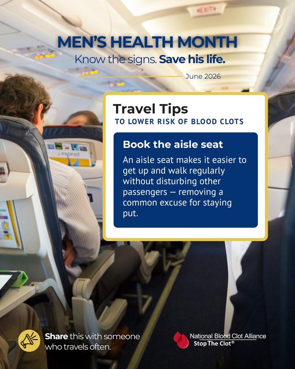 StopTheClot's tweet photo. ✈️ Summer travel season is here — and so is an often-overlooked health risk. ✈️🚗🚌
Any journey of 4+ hours by plane, car, bus, or train can raise your risk of a dangerous blood clot. And men face a higher overall risk than women.

A few simple habits can make a real difference. 🩸

More tips coming this week. Tag a frequent traveler who needs to see this.
https://t.co/lFzwlpZYMY (link in bio)

#MensHealthMonth #StopTheClot #DVT #BloodClotPrevention #TravelSafe #KnowYourRisk