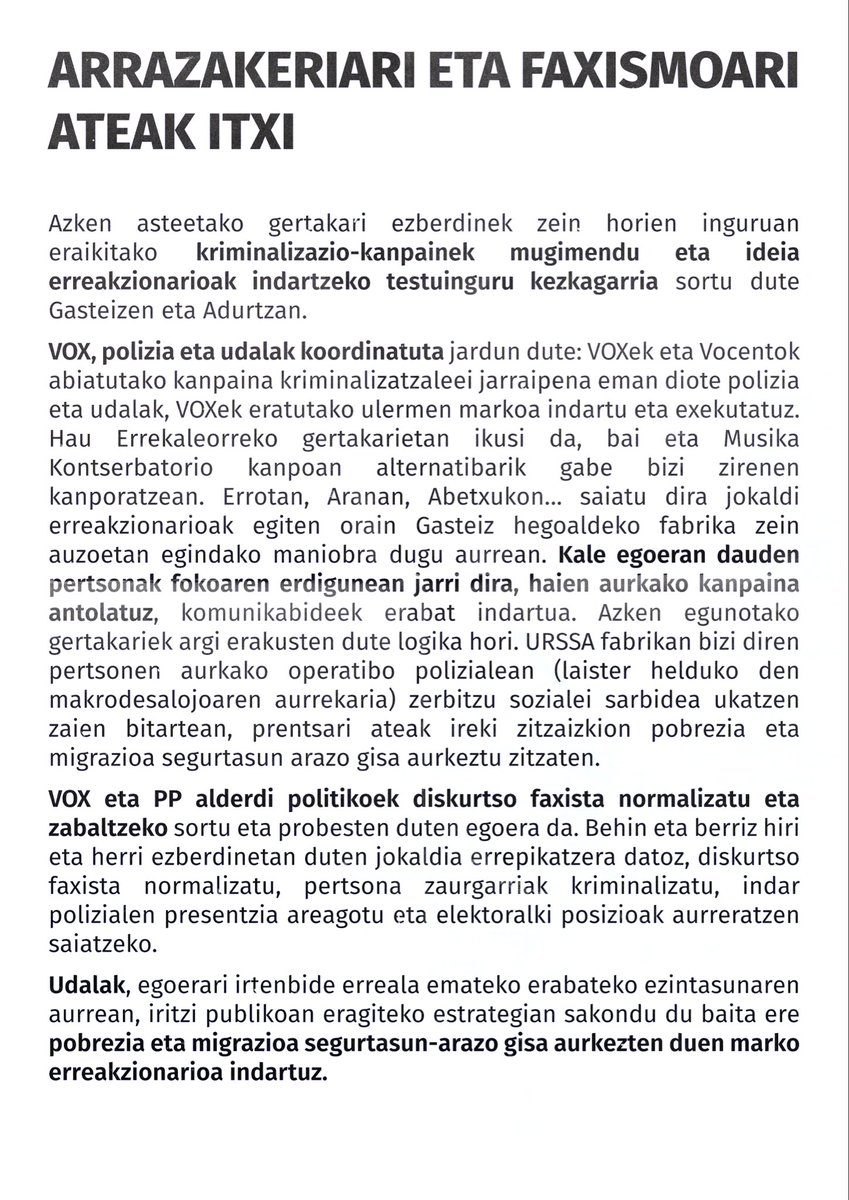 Kontseilua_Gast's tweet photo. VOX diskurtso faxista eta arrazistak indartzeko baliatzen ari den kriminalizazio kanpainaren aurrean Gasteizko zenbait eragileren oharra eta deialdia.

Arrazakeriari eta faxismoari ateak itxi! https://t.co/bfAgx7Y8rT