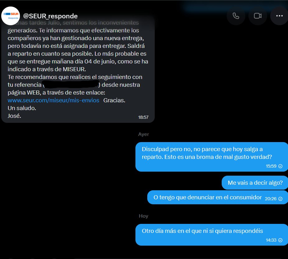 El_Multigamer's tweet photo. Lo de @SEUR_responde @SEUR es para mear y no echar gota. No solo no tienen gente que atienda el teléfono, es que su canal de esta plataforma es un mierdon tremendo en el que tampoco ayudan https://t.co/rb39oHqLa7