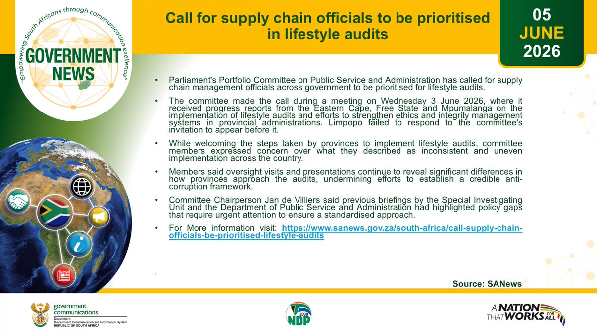 GCIS_IRC's tweet photo. Government News 5 June 2026-Call for supply chain officials to be prioritised in lifestyle audits
#GovZAupdates https://t.co/eFRU9RrTSg