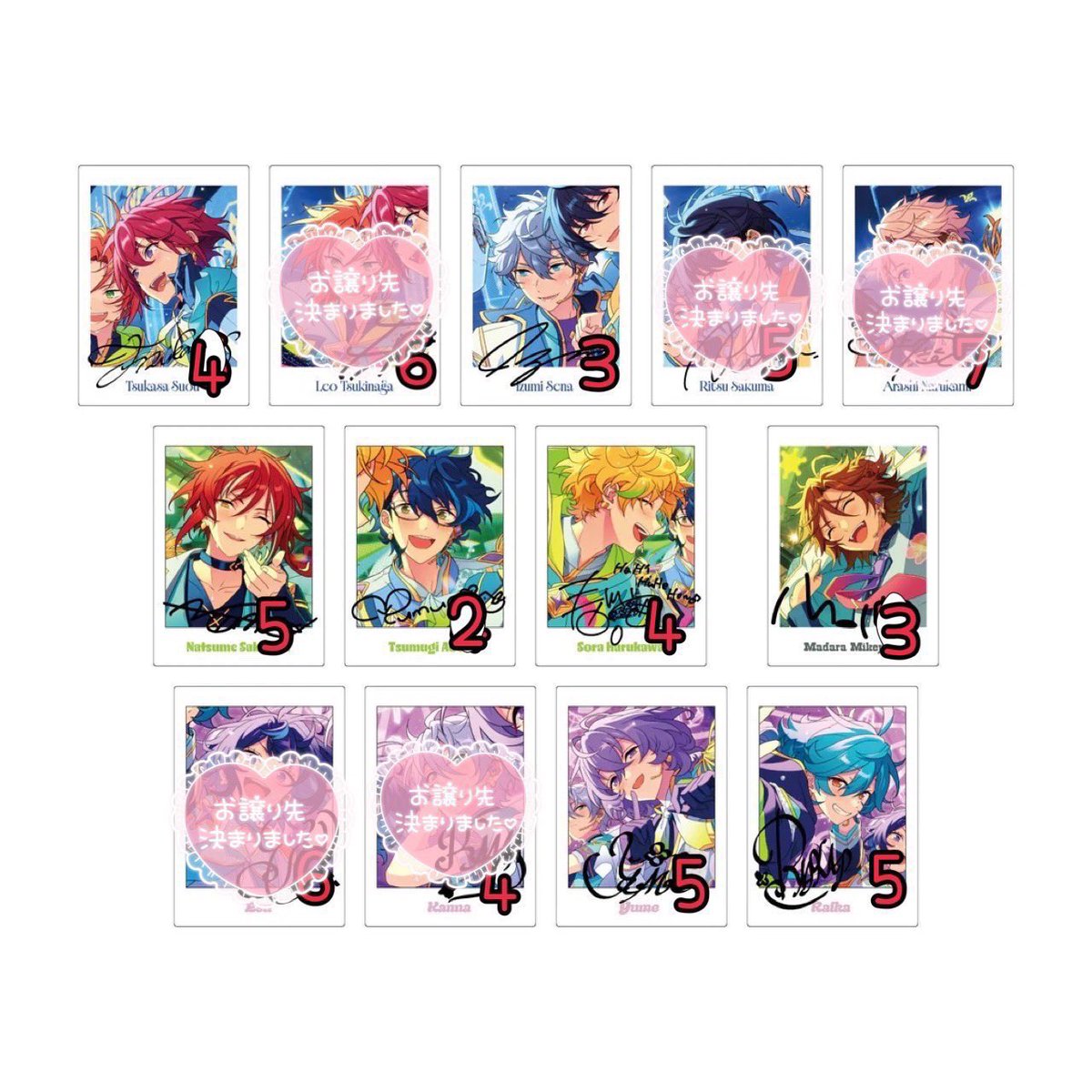 miku_______miku's tweet photo. 【譲渡】あんスタ ぱしゃっつ 10周年

譲）画像参照

求）1枚130円+送料

キャラ毎のみ。
纏めての方優先優先。
郵送でのお取引になります。
検索からもお気軽にお声掛け下さい。

✽初めましての方はプロカ必読。 https://t.co/QY2kcGE9LA