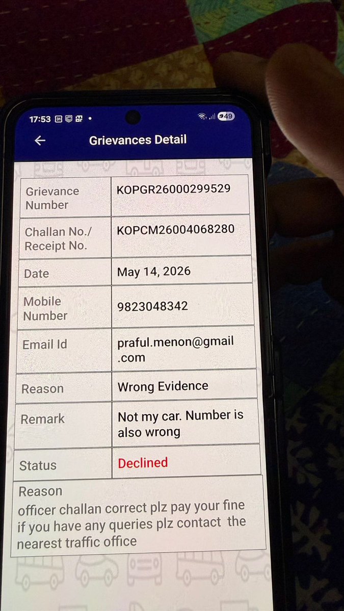 prafulmenon's tweet photo. @PuneCityTraffic @PuneCityTraffic 
This car does not belong to me,yet I have been given a wrong challan. Registered a grevience which is also declined.
Please help. https://t.co/h10DIZthsy