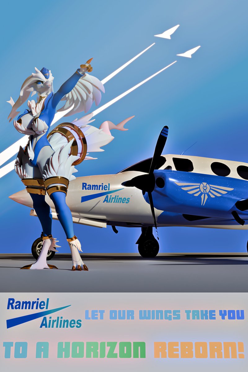 DaneifiedPastry's tweet photo. Ramriel Airlines promotional poster.

This was a fun project, made in partial collaboration with @WayveMayker, who told me about small parts of Shiraume's lore they had made up.
It was also a learning experience for me to use the compositing tab.

Shiraume model by @WayveMayker. https://t.co/R9ETp2q5bq