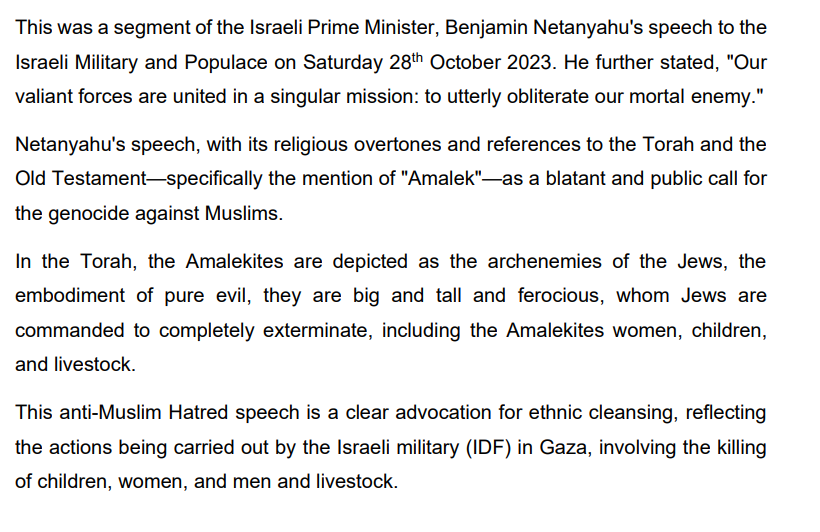Daniel_Sugarman's tweet photo. 10) The document goes into an screed about Netanyahu comments about Amalek.

In his "Amalek" speech Netanyahu explicitly referred to avoiding harming "non combatants" &amp; called on the "civilian population" to evacuate to the South of Gaza.

By "Amalek", he was referring to Hamas. https://t.co/OAD2mKvVLM