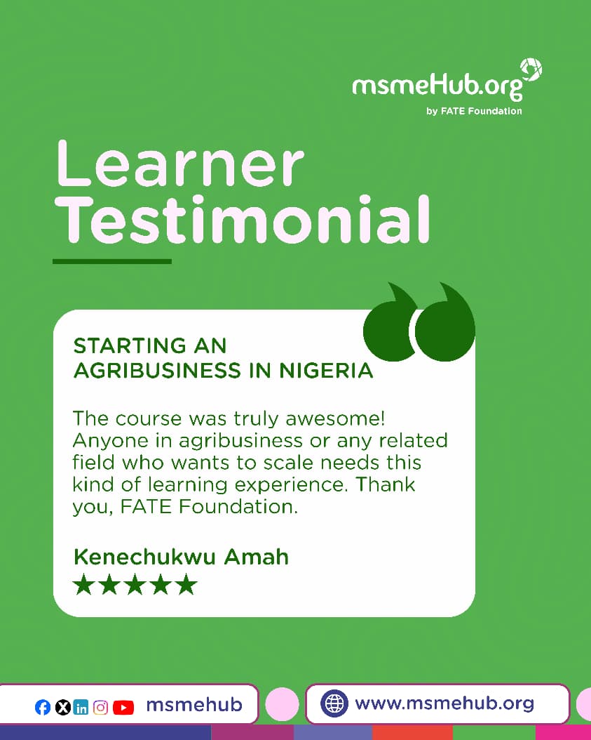 MsmeHub's tweet photo. Every successful entrepreneur starts with a willingness to learn, grow, and take action.

We're excited to share this from one of our learners who completed the Starting an Agribusiness in Nigeria course on MSMEHub.

Our user experience is a reminder that the right knowledge can help entrepreneurs make better decisions, improve their operations, and prepare for growth.

Whether you're just starting out or looking to scale your agribusiness, investing in learning can make all the difference.

Ready to build your entrepreneurial skills? https://t.co/bnOr8kscr2 to get started 

#msmeHub