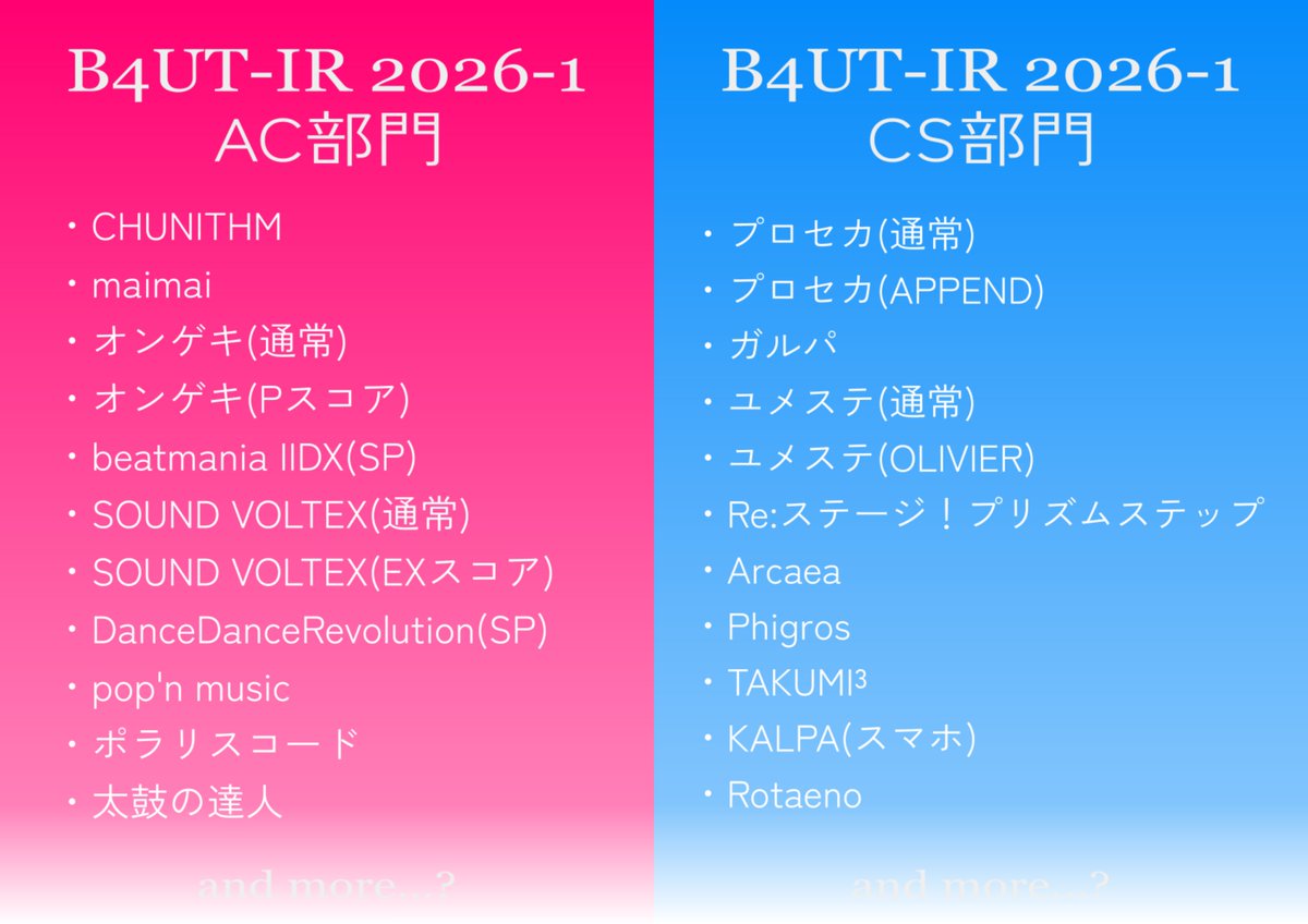 BEMANI_4_UT's tweet photo. 🌐B4UT-IR 2026-1 間もなく開幕！！🌐

日程:📅6/6(土) 0:00~6/21(日) 23:59

事前調査をもとに、AC/CS合わせて過去最大
【23機種・55課題曲】
の大編成が実現！！🎉

果たして栄誉に輝くのは？？🏆
️
#B4UT_IR https://t.co/g2eVrWUtjJ