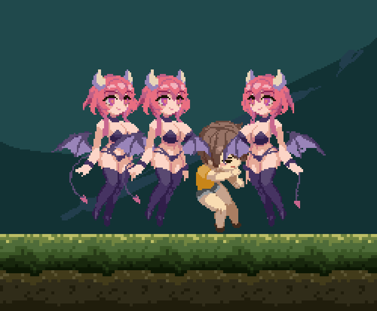 Beeeeeenandayo's tweet photo. ACTION GAME MAKERで色々テストをしていた際に作成したエネミー用のサキュバスさんと、
ゲーム内のスクショ

ゲーム中で追いかけっこはできるようになったけど
追尾中にガクガクしたり
思ったように挙動がコントロールができなくて
心が折れかけている… https://t.co/NV0UafPqBo
