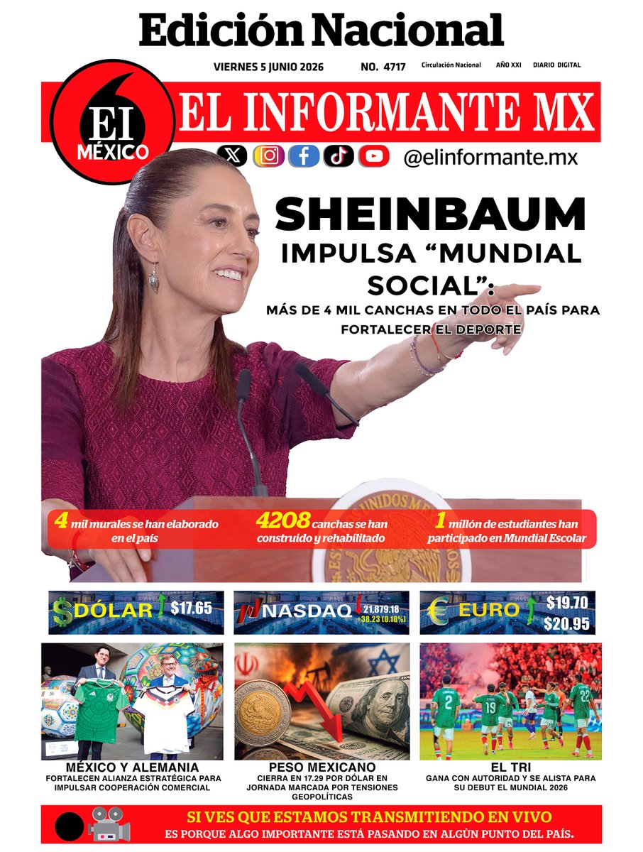 ElInformanteMX's tweet photo. #Portadas de nuestras #Ediciones #Nacional y #EstadoDeMéxico. Viernes 5 de Junio del 2026.
Nuestra #EdiciónDigital aquí ↓
https://t.co/Izz0kqPBHt https://t.co/3uuGh08Smd