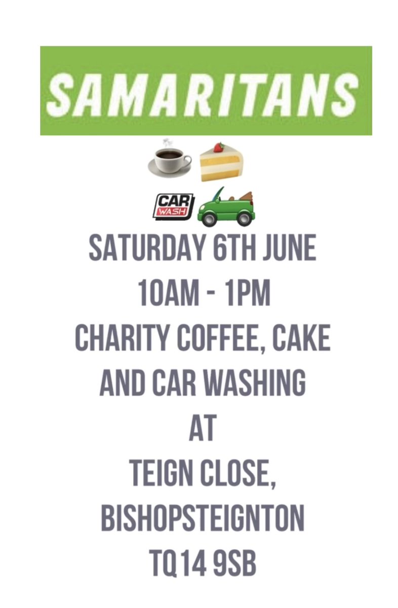 SamaritansSD's tweet photo. Is your car in need of a wash? Head to Teign Close in Bishopsteignton tomorrow for a car wash, coffee and cake from 10am–2pm. All money raised will be kindly donated to our branch 💚 https://t.co/822wec0juS