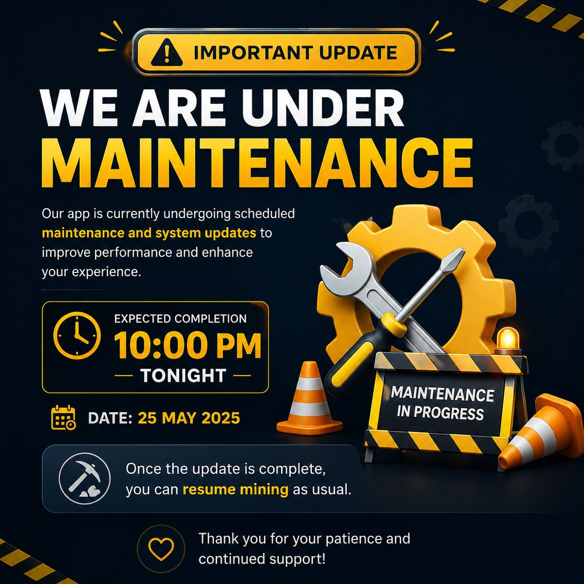 Lodhinetwork's tweet photo. 🚨 IMPORTANT UPDATE 🚨

Our app is currently undergoing scheduled maintenance and is expected to be fully updated by 10:00 PM tonight. Once the maintenance is completed, you will be able to resume mining without any issues. https://t.co/bDgMW3DrAO