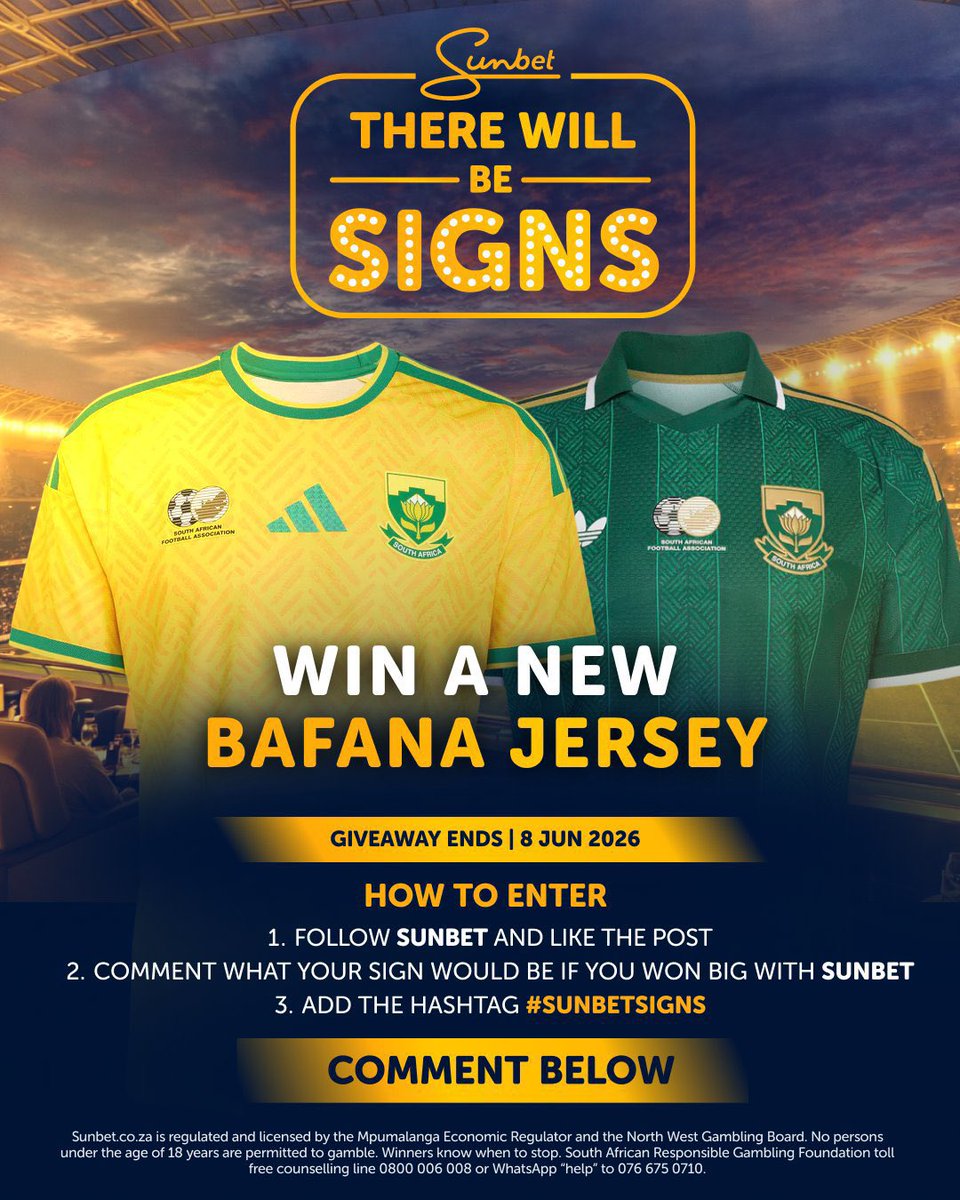 __joyh's tweet photo. 🇿🇦 Want to score a Bafana jersey? 🤭

Post your meme, GIF, AI creation or video showing your #SunbetSigns, then head to @SunbetSA to enter.

The 11 most-liked entries by 23:59 on 8 June will each win an Adidas Bafana Bafana home jersey. 🔥

18+ | T&amp;Cs apply | Play Responsibly https://t.co/HTVKhy147o