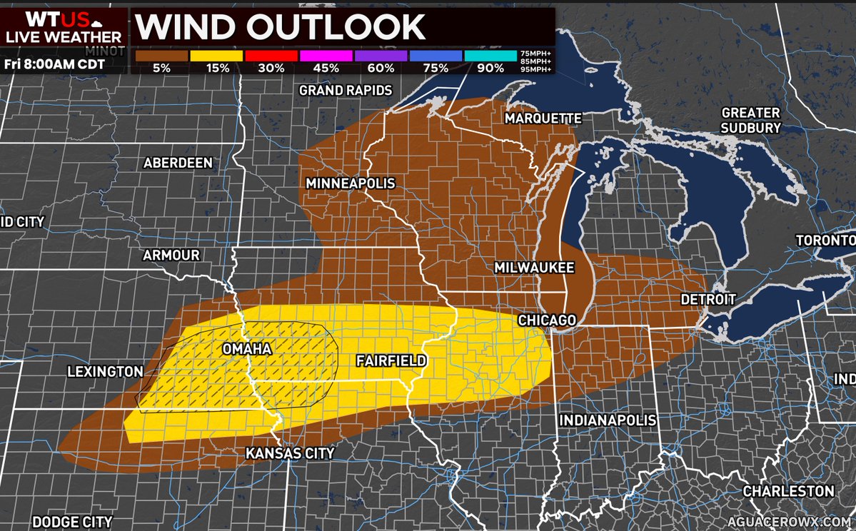 weathertrackus's tweet photo. There is a Slight Risk of severe storms across parts of the Plains and Midwest today.

Damaging winds and large hail are the primary hazards, but a couple of tornadoes will be possible, particularly with any cells that can develop within the more volatile environment in NE/IA late this afternoon.

Storms may grow upscale into an MCS late in the afternoon into the evening hours, potentially producing a swath of 70-75mph wind gusts.