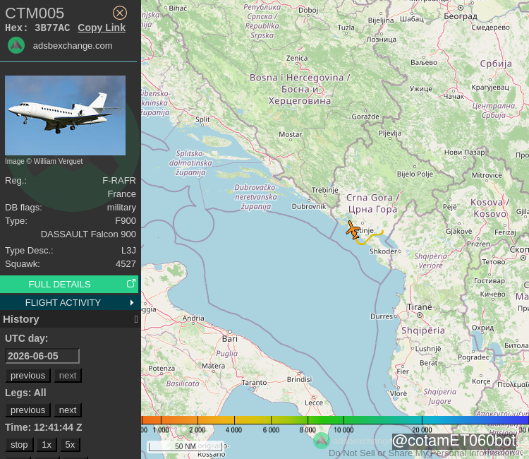 COTAMET060Bot's tweet photo. 🛬 Le DASSAULT Falcon 900 F-RAFR CTM005 de la flotte de l'ET 060 a été détecté à 1 975 ft près de l'aéroport Tivat Airport (TIV/LYTV) - Suivi: https://t.co/mbejvyhQ5i

🕑 05/06/2026 12:41:13 https://t.co/dB8WL5P2LK