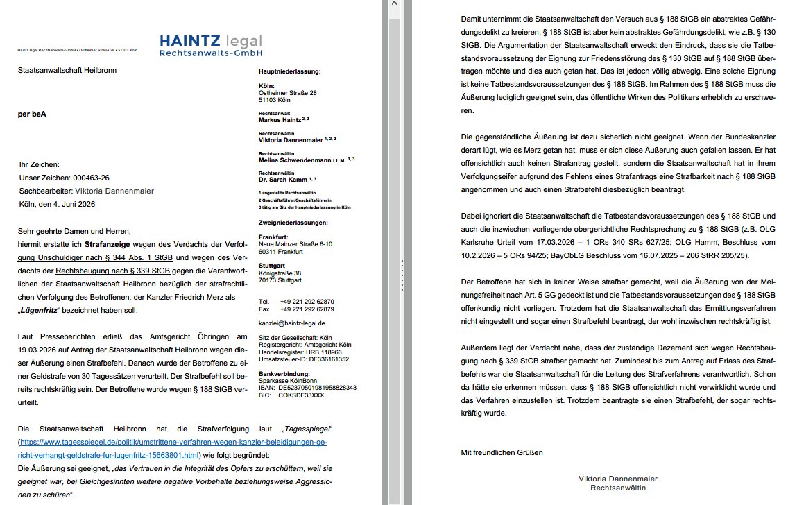 VDannenmaier's tweet photo. „Lügenfritz“ – Strafanzeige gegen StA Heilbronn 
Da die Bezeichnung von Merz als „Lügenfritz“ ersichtlich nicht strafbar ist und das auch der StA hätte bekannt sein müssen, habe ich gegen die Verantwortlichen Strafanzeige wegen Verfolgung Unschuldiger und Rechtsbeugung erstattet. https://t.co/PUoc4ffjCn