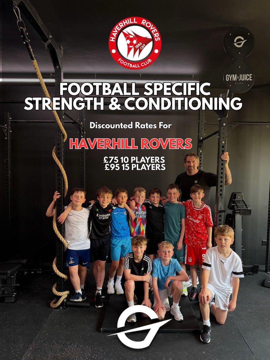 HaverhillRovers's tweet photo. Haverhill Rovers are proud to be working with Gym and Juice and we would like to share their great offer for football specific strength and conditioning sessions! 

📲 Please contact Mark at 07531647132 if you are interested! 

#HRFC #UpTheRovers #SupportLocal https://t.co/4vFjvDoW7x