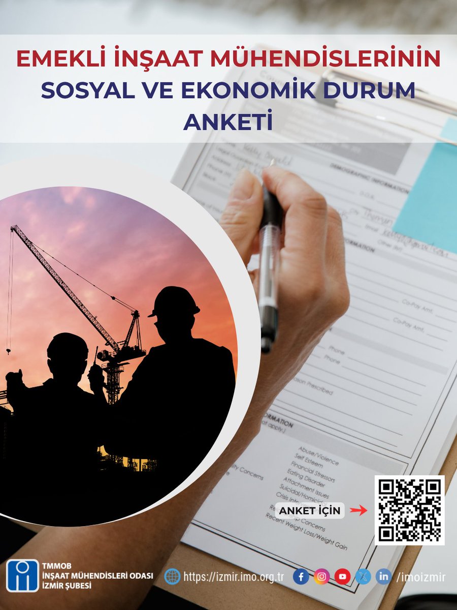 imoizmir's tweet photo. Şubemiz tarafından Emekli İnşaat Mühendislerinin Sosyal ve Ekonomik Durumunu Araştırma konulu anket düzenlenmiştir. Emekli olan İnşaat Mühendisi üyelerimizin katılımını bekleriz. 
 Anket linki:  https://t.co/2MUzc98tkn https://t.co/X72e4d6rNm