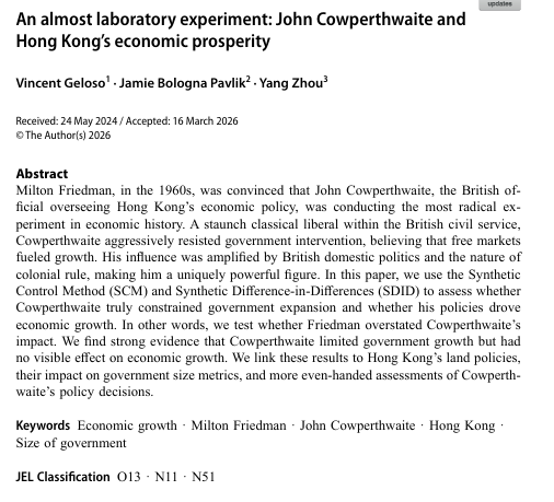 VincentGeloso's tweet photo. One of the most famous claims in economics is that Hong Kong became rich because it practiced laissez-faire under John Cowperthwaite.

Milton Friedman called it an "almost laboratory experiment" in free markets.

We decided to test that claim in this Public Choice article

🧵 https://t.co/NmC6El5KNv