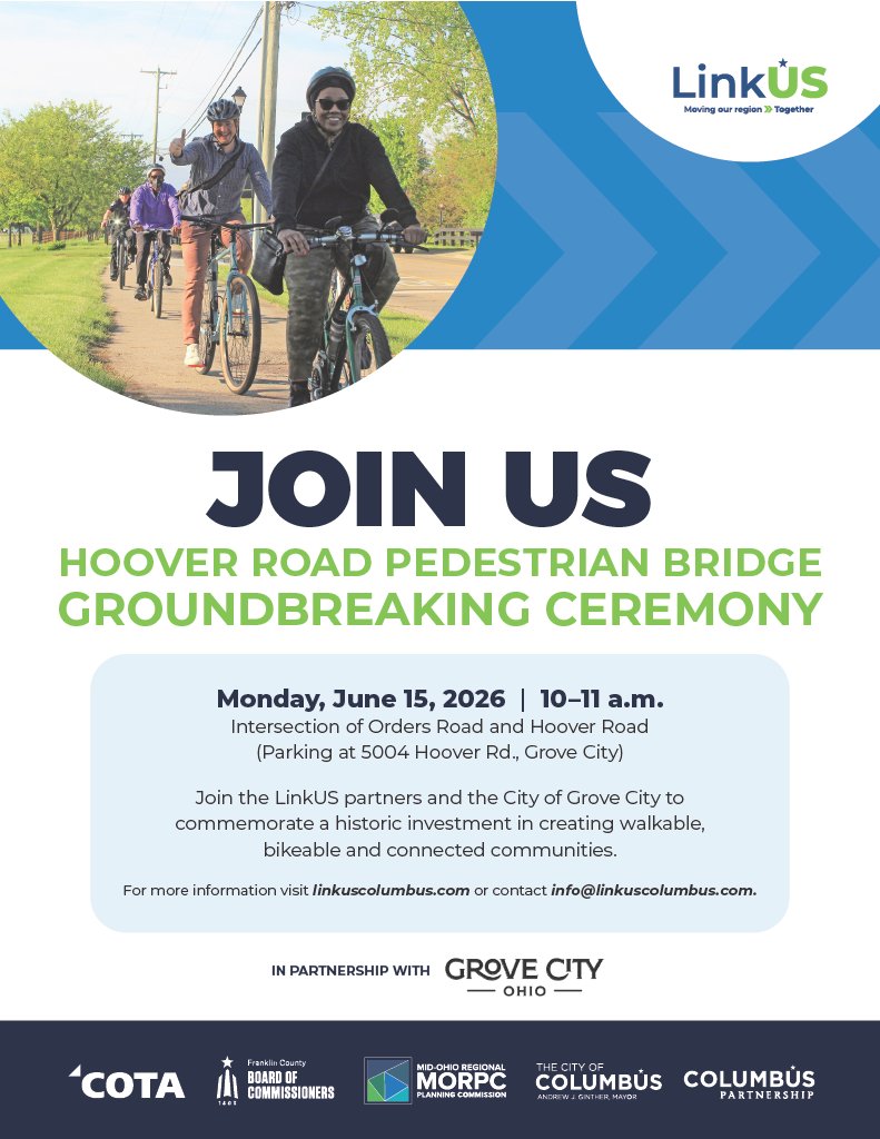MORPC's tweet photo. @linkuscolumbus includes a plan to build 500+ miles of sidewalks and trails by 2050. Join the LinkUS partners, MORPC, @columbusgov, @cotabus, Franklin County, and @GroveCityOhio, as we celebrate the first groundbreaking event to commemorate the Hoover Road pedestrian bridge. https://t.co/6g6H06bCvX
